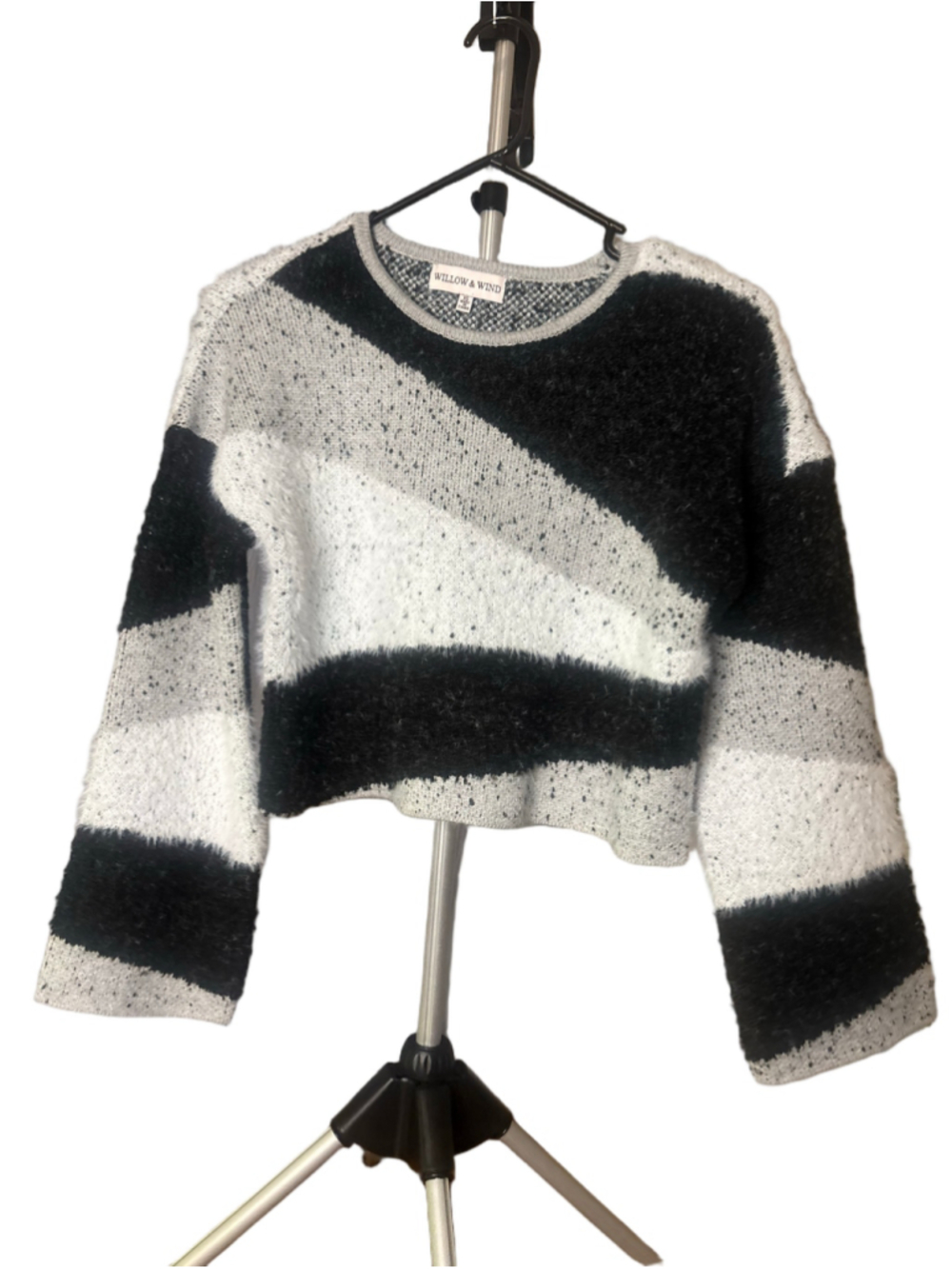 Willow & Wind XS Fuzzy Striped Cropped Sweater Black Gray Eyelash Knit Y2K
